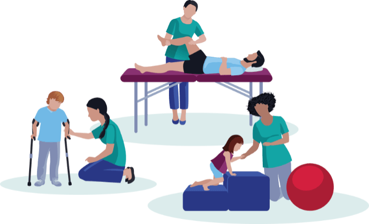 Représentations dessinée de 3 physiotérapeutes s'occupant de patients